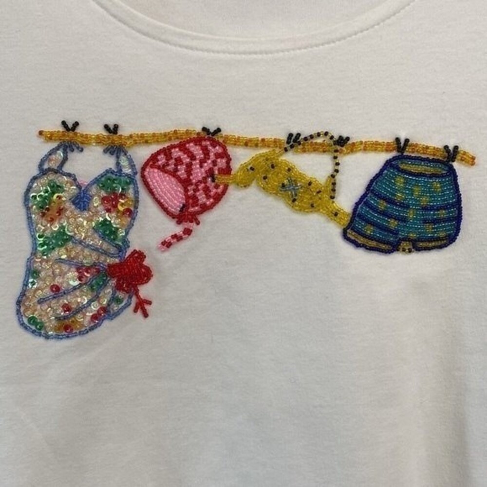 PARADISO Clothes Line Beaded Short Sleeve Cropped Tee Top Cotton Scoop Neck Cute - Picture 2 of 11